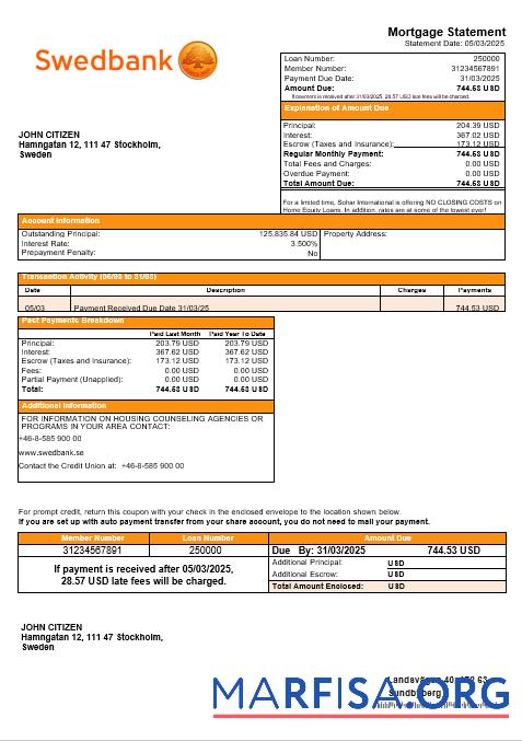 Realistic Swedish Swedbank bank mortgage statement in Word and PDF formats download for verification